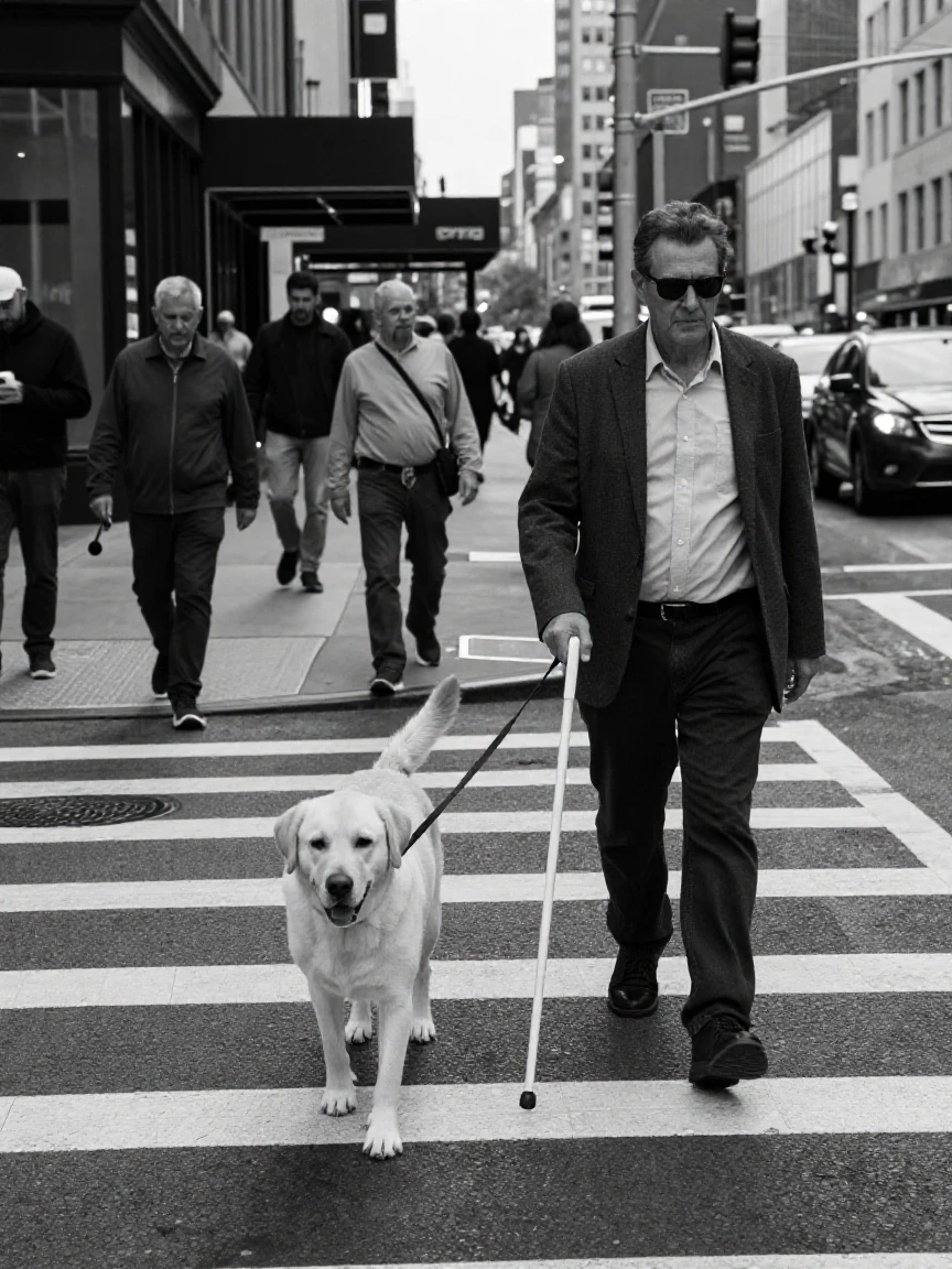 A guide dog guides its owner across a busy street on a busy city sidewalk.