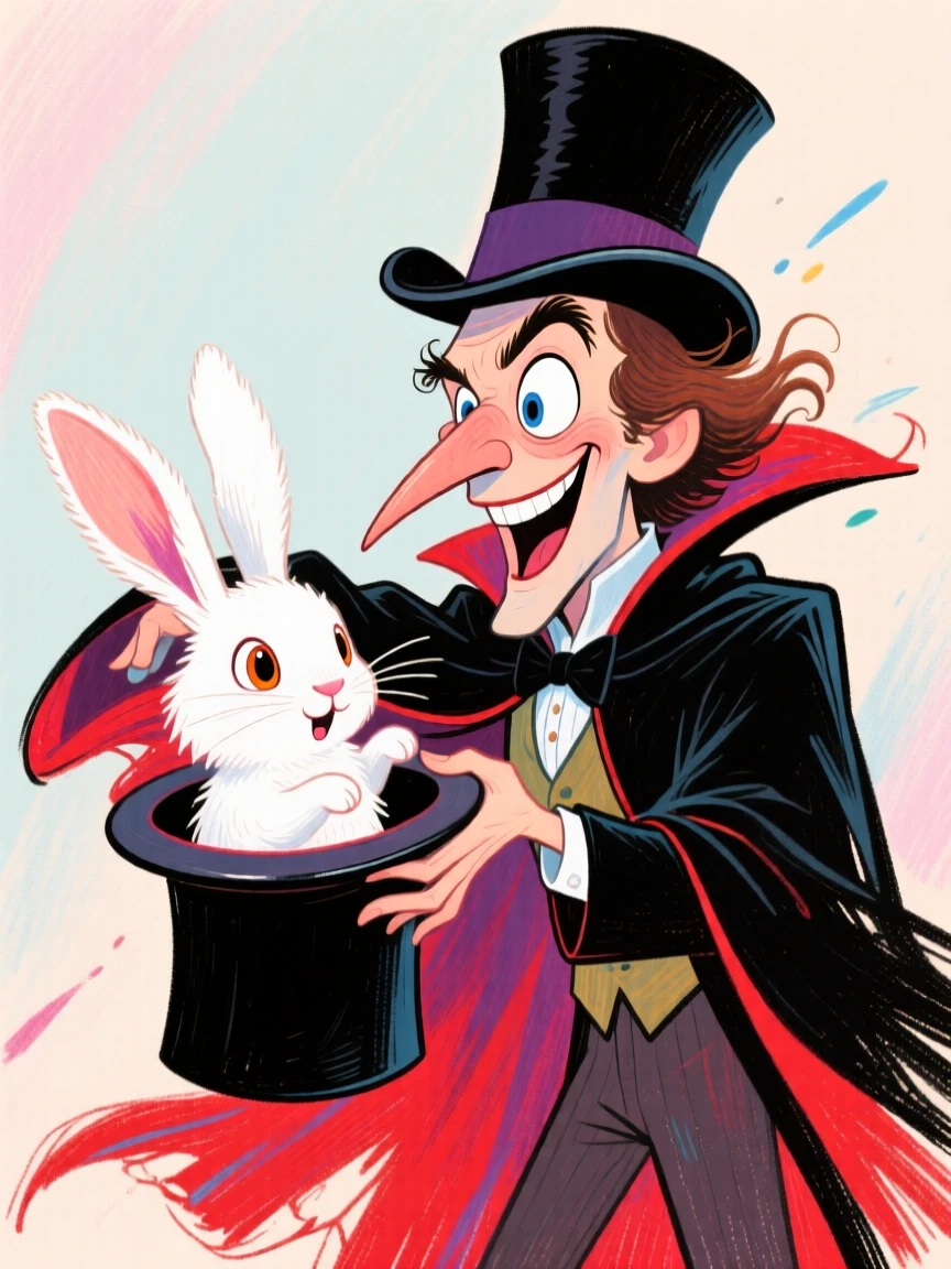A mysterious fictional magician in a top hat pulling a rabbit out mid-trick, eyes wide with flair.