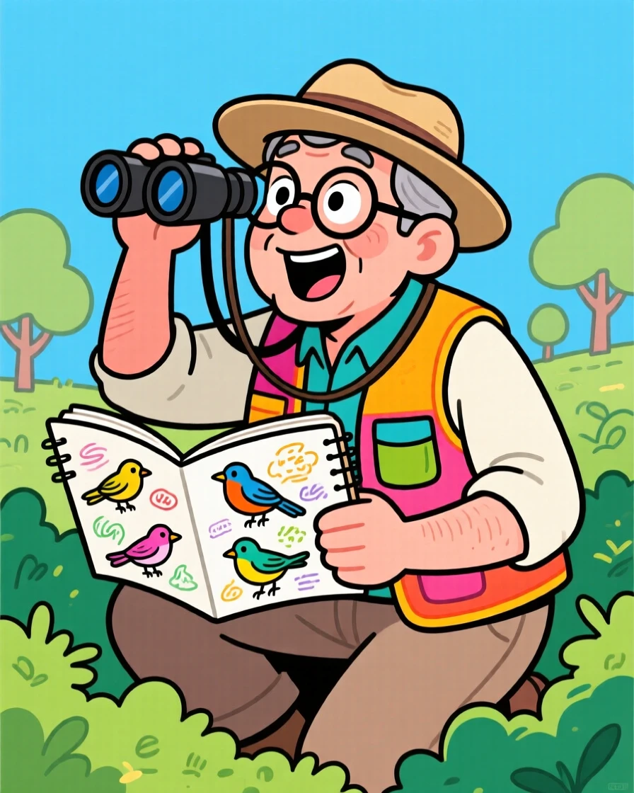 An everyday-life snapshot of a passionate birdwatcher crouched behind a bush with binoculars, notebook full of sketches.