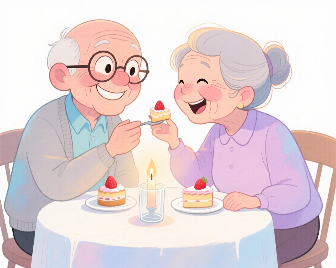 An elderly couple still deeply in love feeding each other bites of dessert at a candlelit table