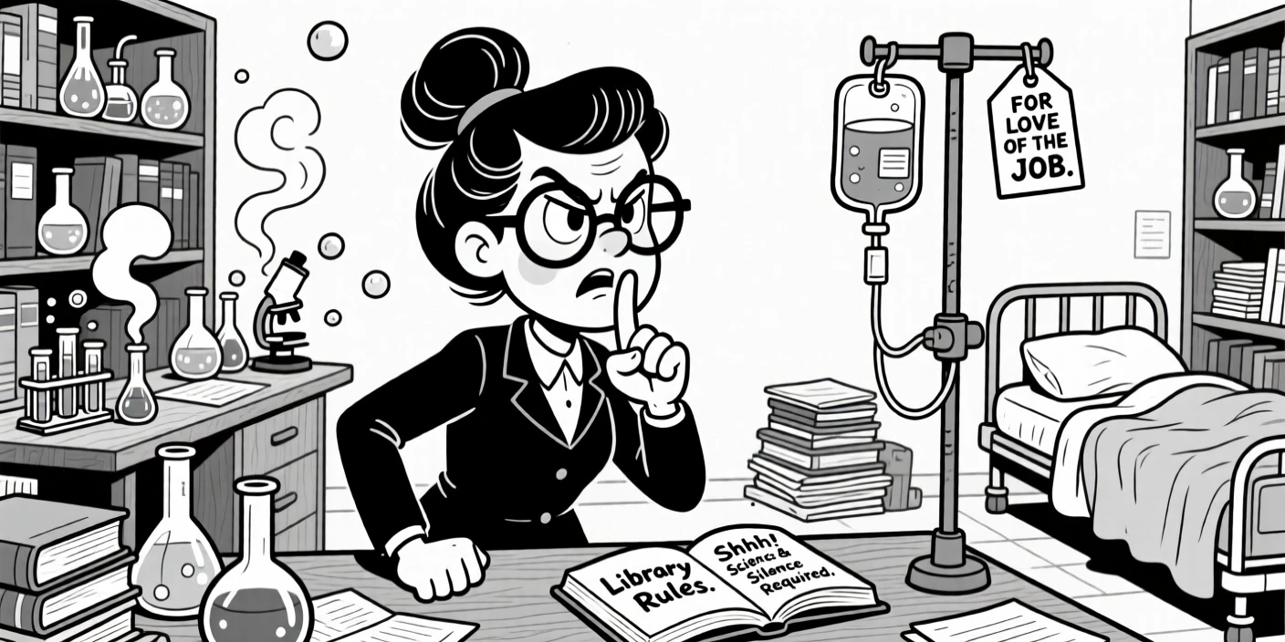 A meticulous librarian shushing with a raised finger, pounding a fist on a desk mid-closing-argument, set in a lab cluttered with bubbling test tubes. An IV pole rattles softly beside the bed. It's a lighthearted tribute to a job well loved.