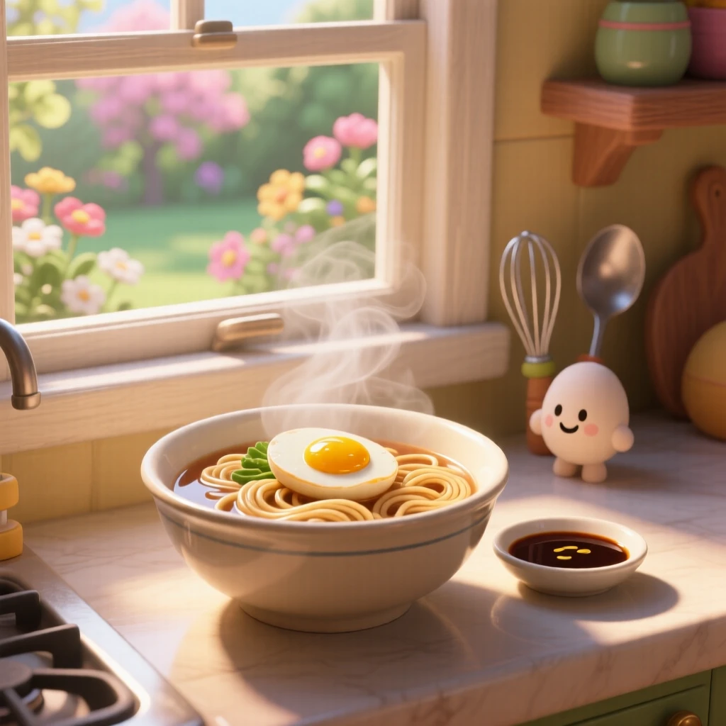 A bowl of steaming ramen with soft-boiled egg sits beside a window with morning light streaming in, beside a small dish of dipping sauce. The mood is festive and appetizing.