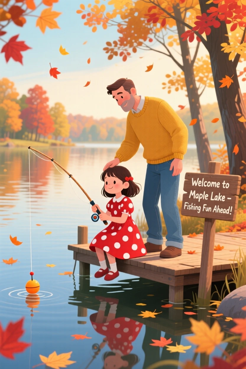With his father close by, a girl in a polka-dot dress is fishing together at a quiet lake, as autumn leaves swirl around them.