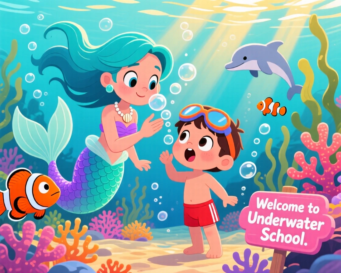 A mermaid teaching a curious human child to breathe underwater.