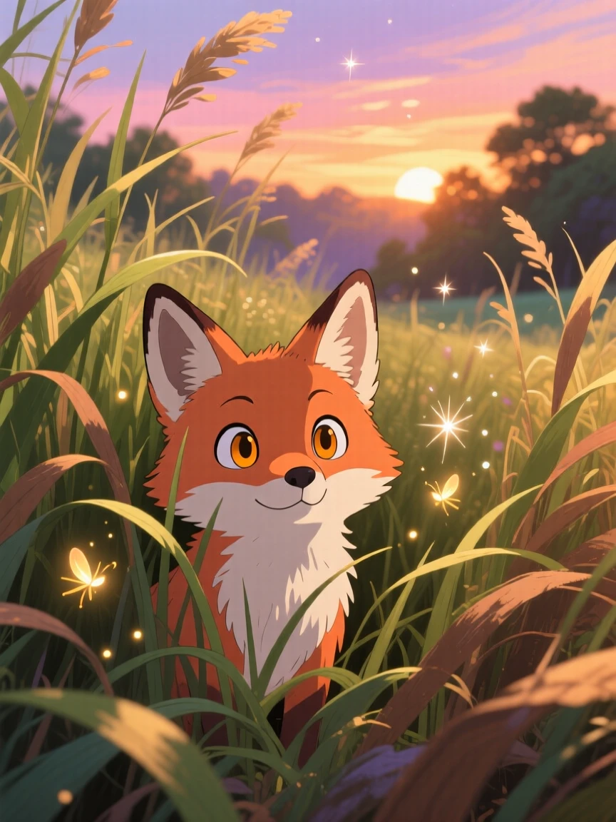 A small fox curiously peeking out from tall grass, framed by the golden light of sunset, radiating pure charm.