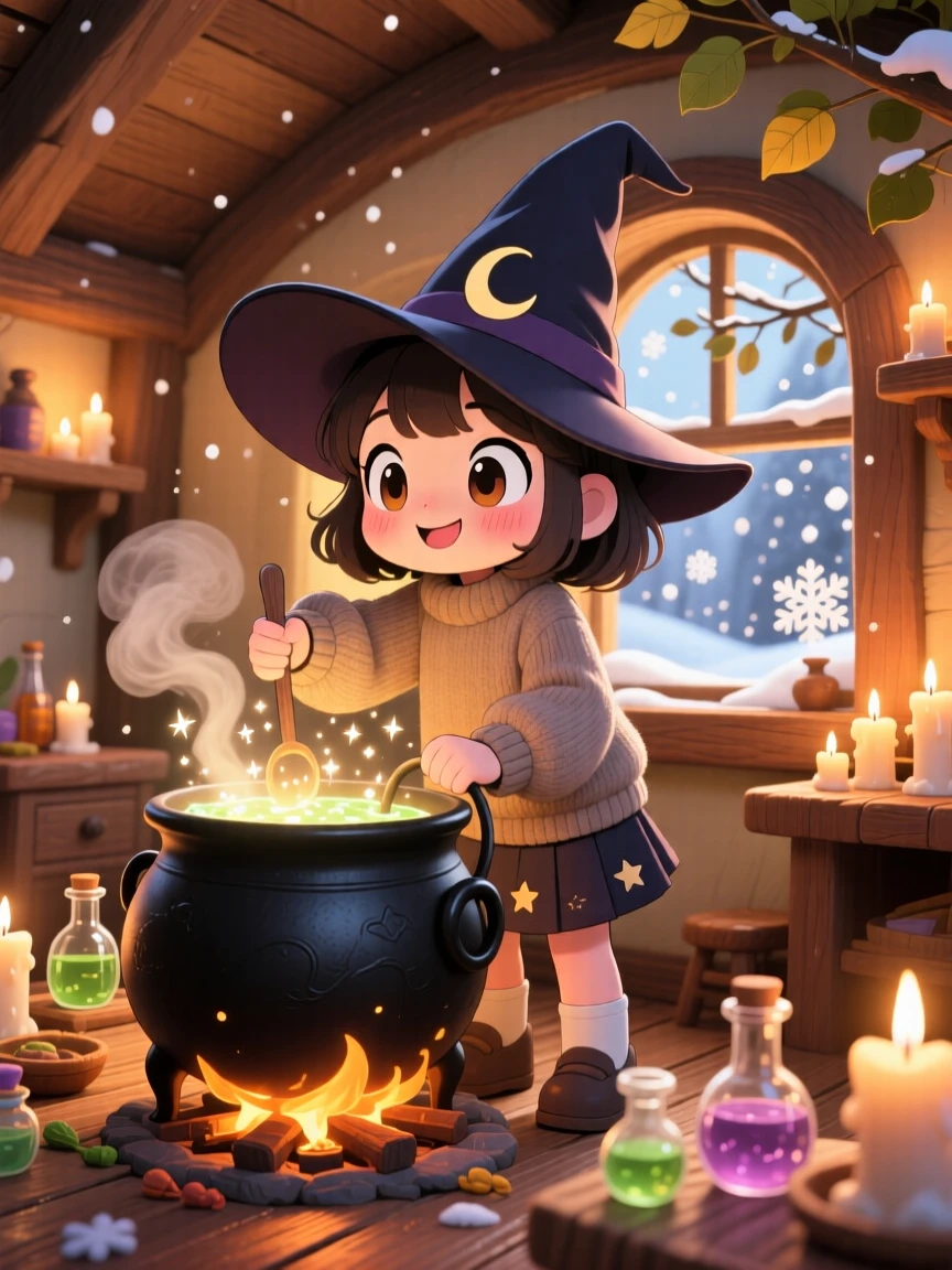 Low-angle shot looking up of a young witch in a pointed hat, stirring a bubbling cauldron of sparkling potion, in a cozy candlelit cottage, during a cozy winter snowfall, illuminated by warm morning light filtering through leaves, radiating playful mischief.