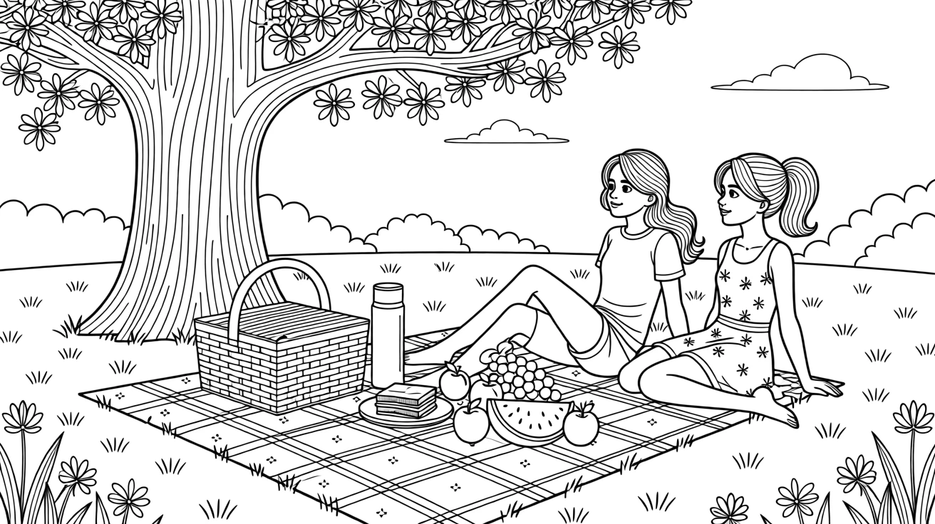 A picnic blanket spread beneath a blossoming tree, with a trail of fallen petals scattered below.