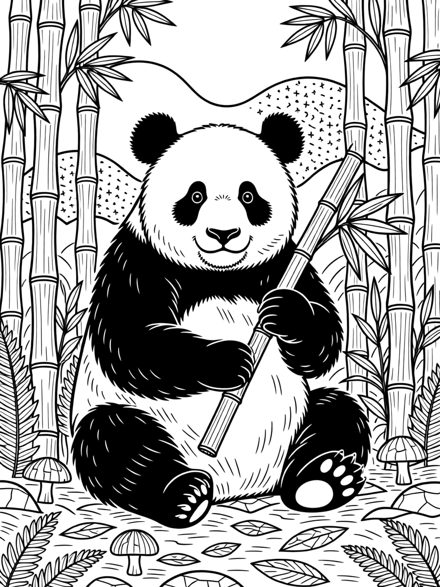 A giant panda munching bamboo shoots in a bamboo grove.