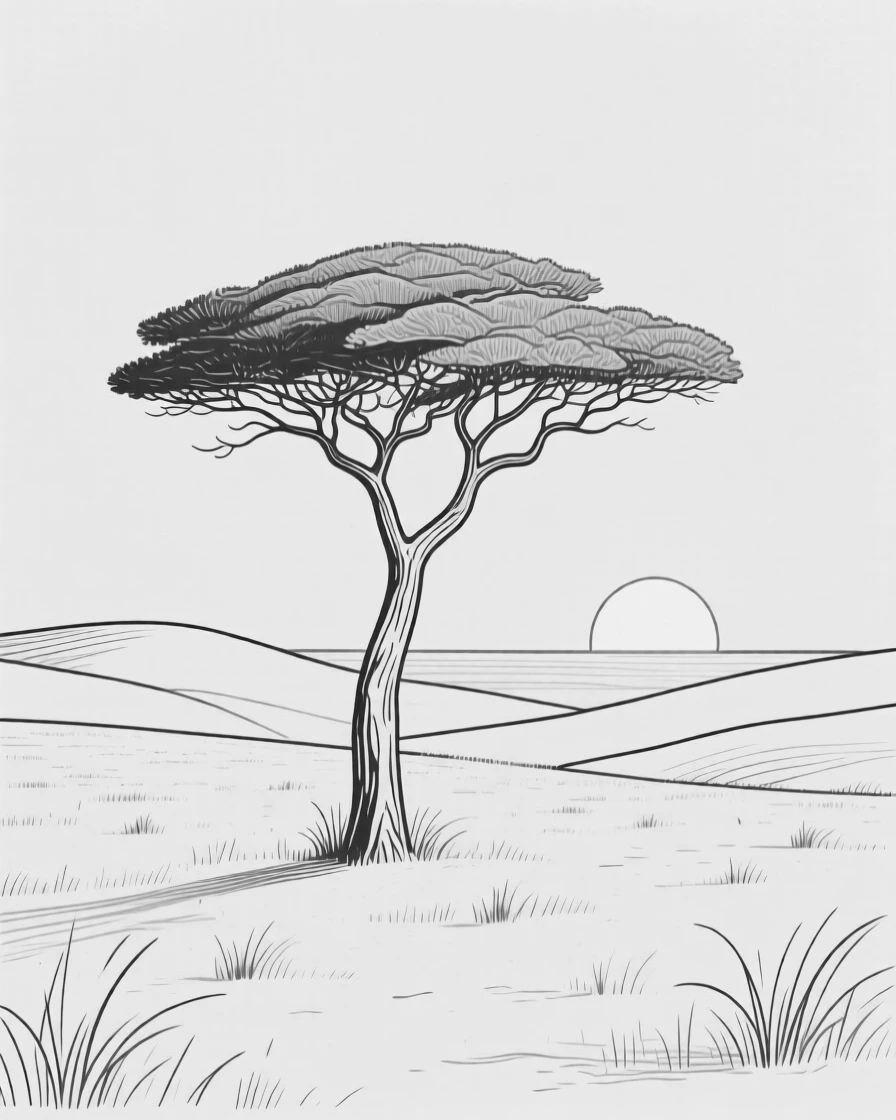 A savanna landscape with a lone acacia tree at sunset