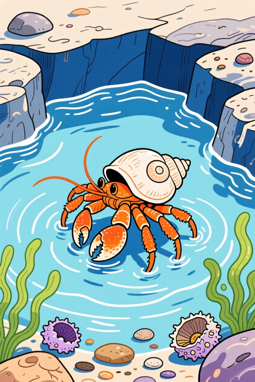 A hermit crab exploring a tide pool.