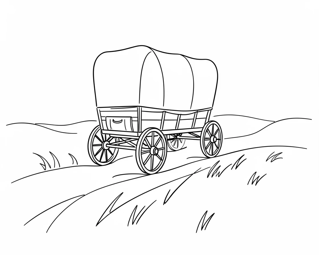 A rustic covered wagon crossing an open prairie trail