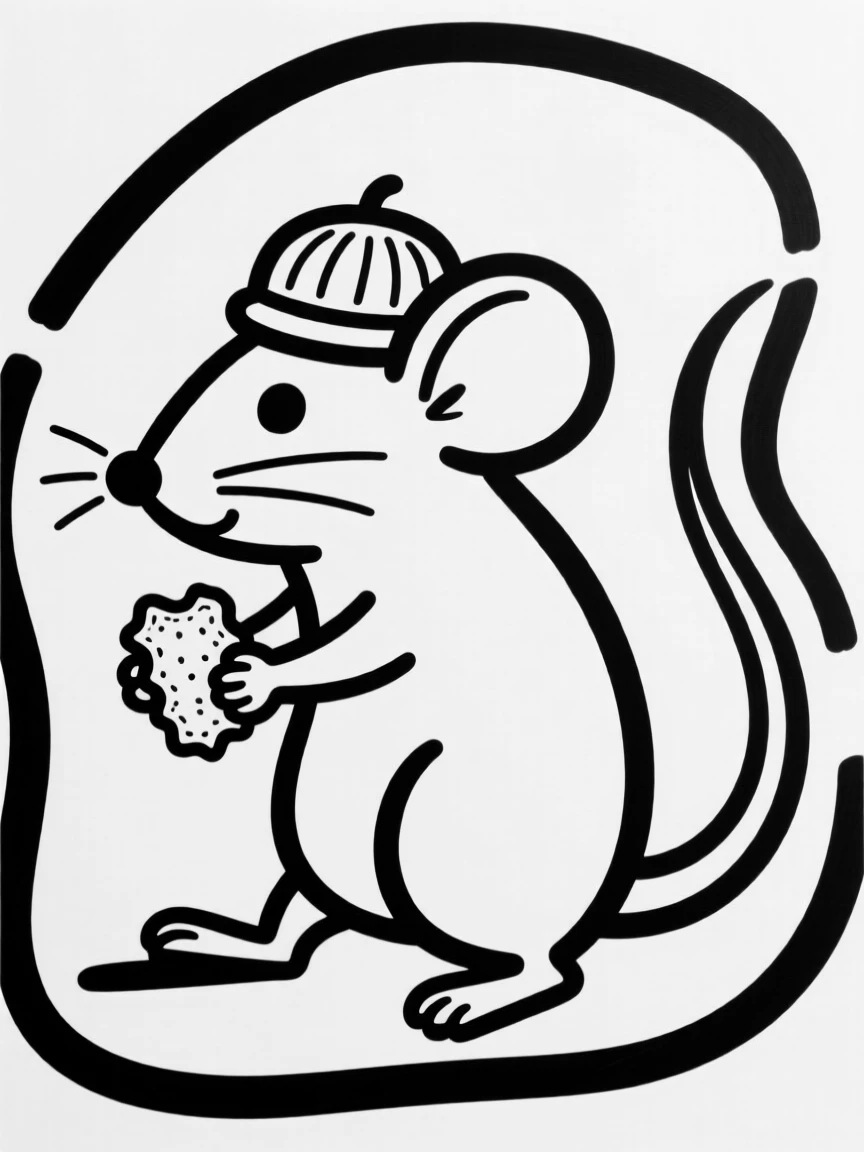 A tiny mouse character wearing an acorn-cap hat, carrying a crumb twice its size.