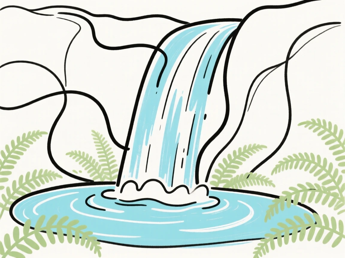A cascading waterfall tumbling into a clear pool surrounded by ferns.