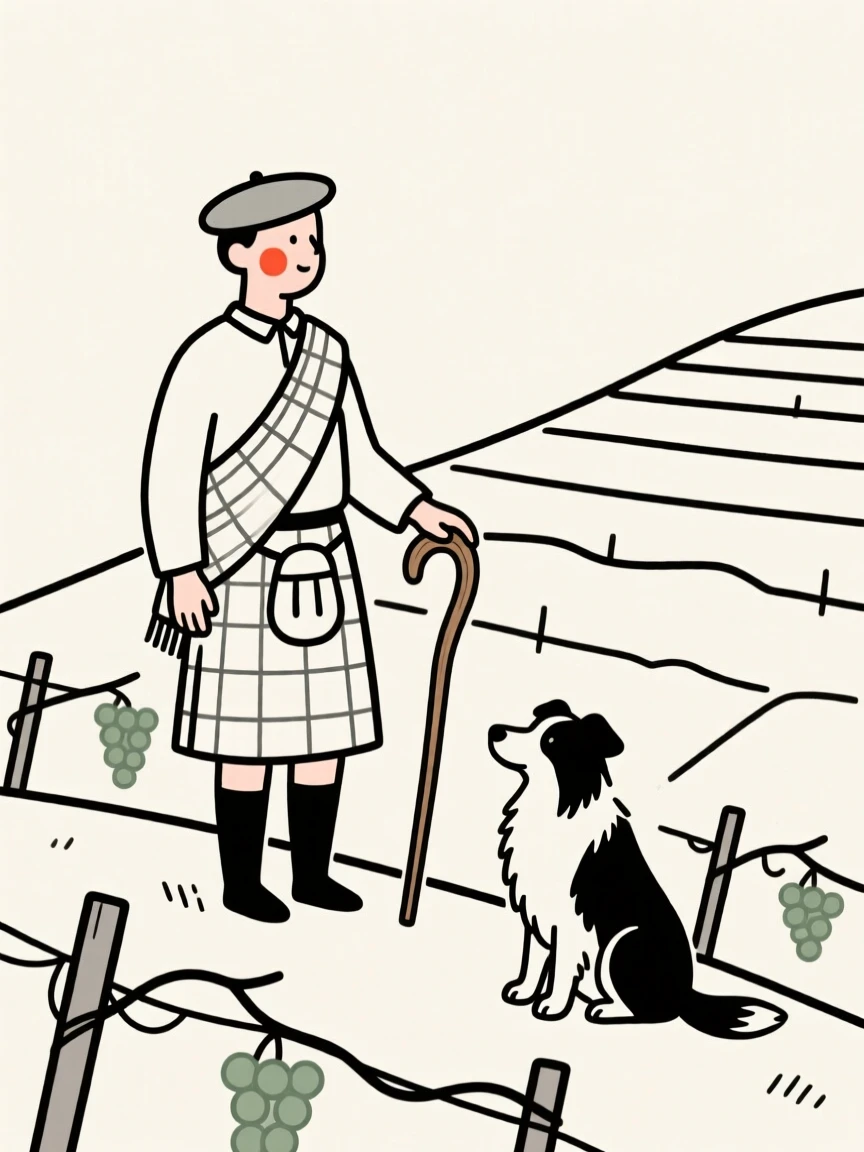 A shepherd of scottish heritage on a hillside, glowing with nostalgia, on a vineyard terrace.
