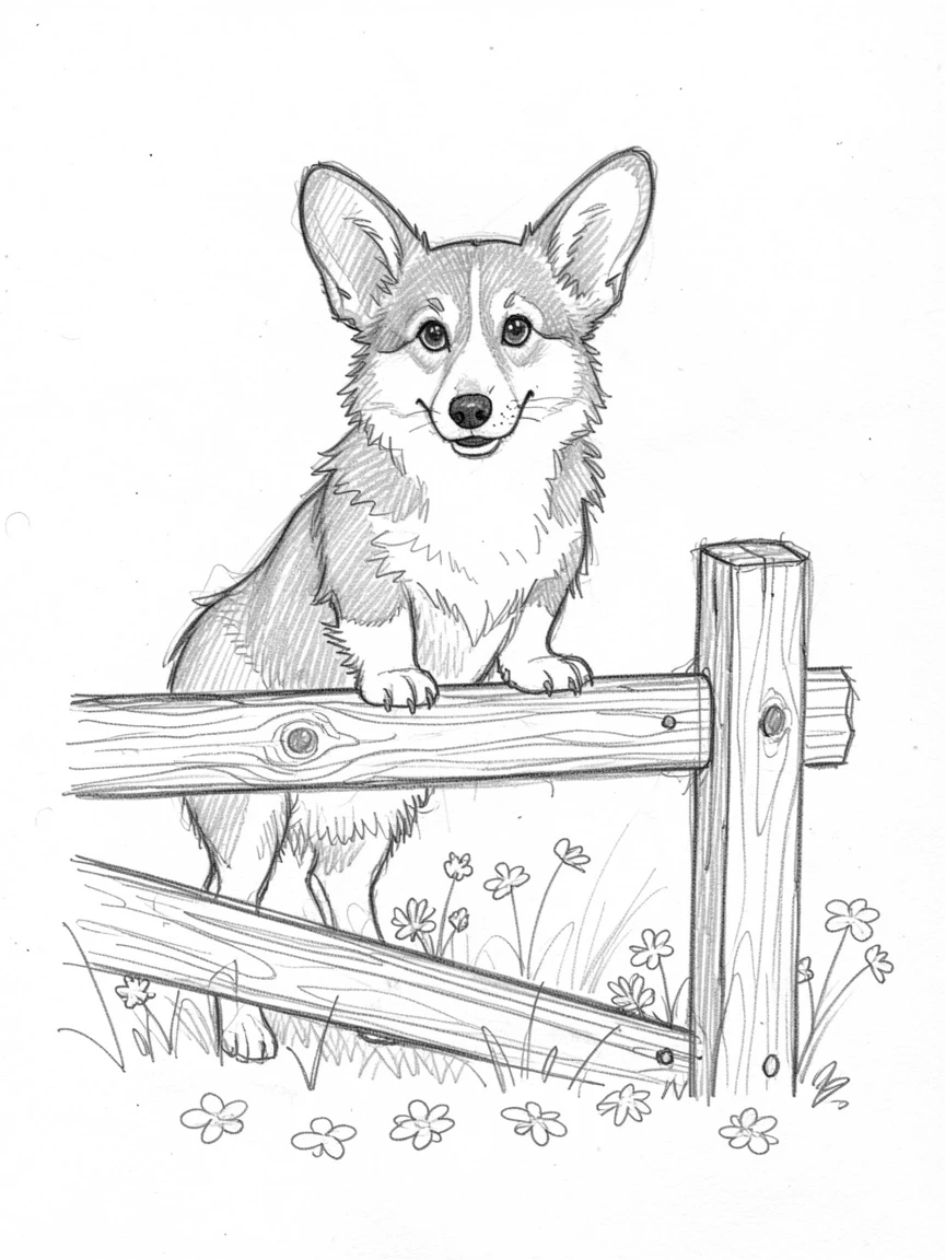A curious corgi perched on an old wooden fence, among scattered wildflower petals.