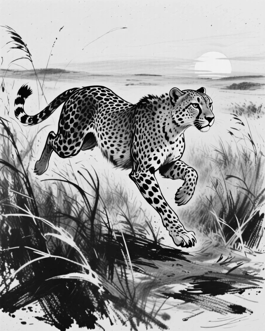 A cheetah mid-sprint walking through tall savanna grass at sunrise.