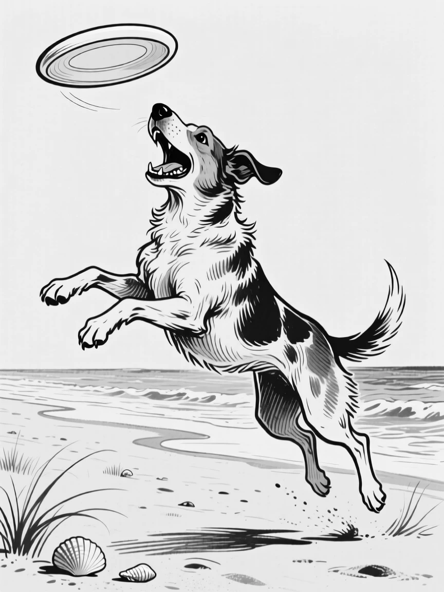 A dog joyfully leaping to catch a frisbee in mid-air at the beach.