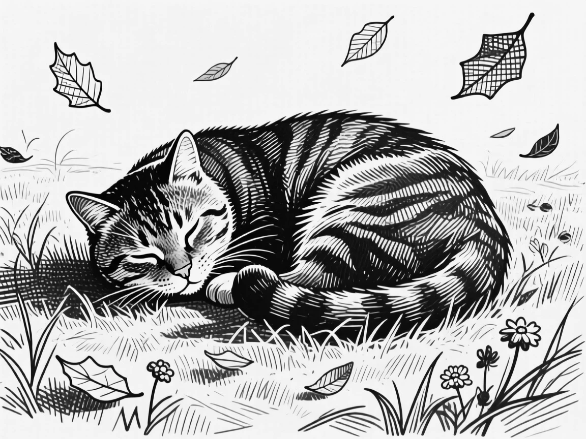 A curled-up cat in a sunlit meadow, surrounded by falling leaves, capturing a noble and powerful moment in nature with a strong, centered focal point.