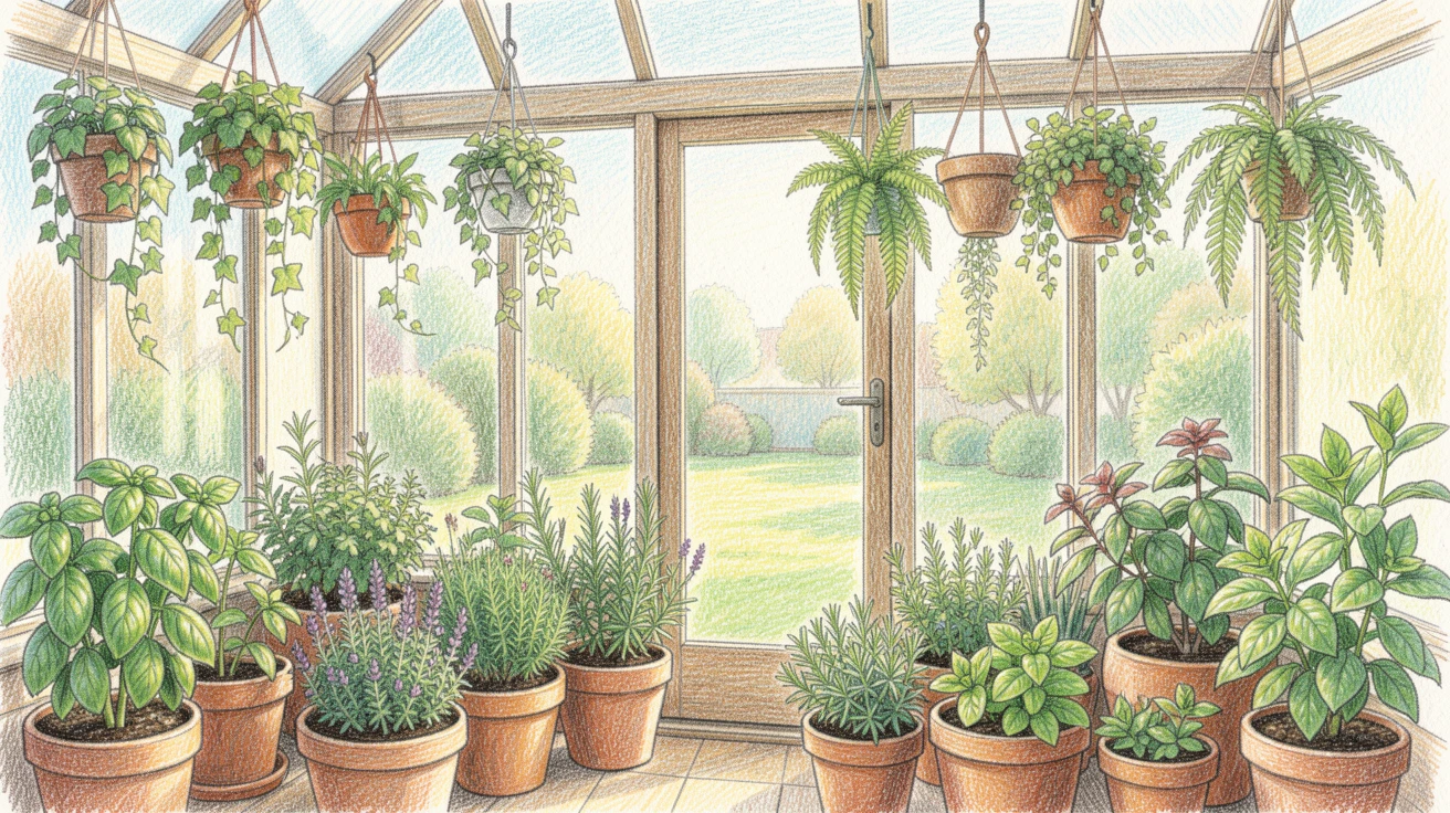 A sunlit greenhouse filled with potted herbs and hanging plants, with a view of a quiet garden just outside the window, evoking the feeling of a peaceful slow morning at home.