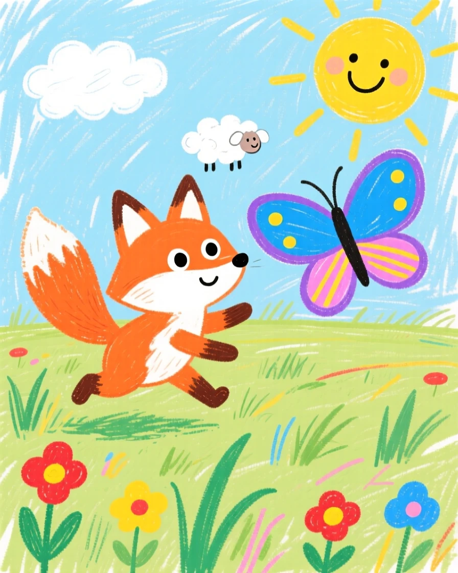 A curious fox kit chasing a butterfly across a sunny field.