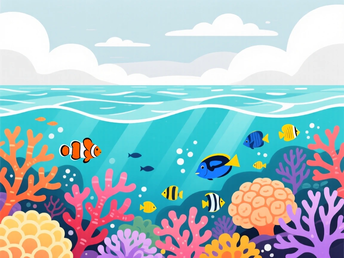 A vibrant coral reef bursting with color beneath the waves, beneath a canopy of drifting clouds, balanced using the rule of thirds for natural harmony, with a fresh, crisp clarity that highlights every detail.