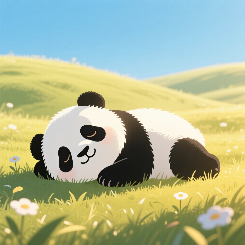 A playful panda cub napping in the sun in a sunny meadow.