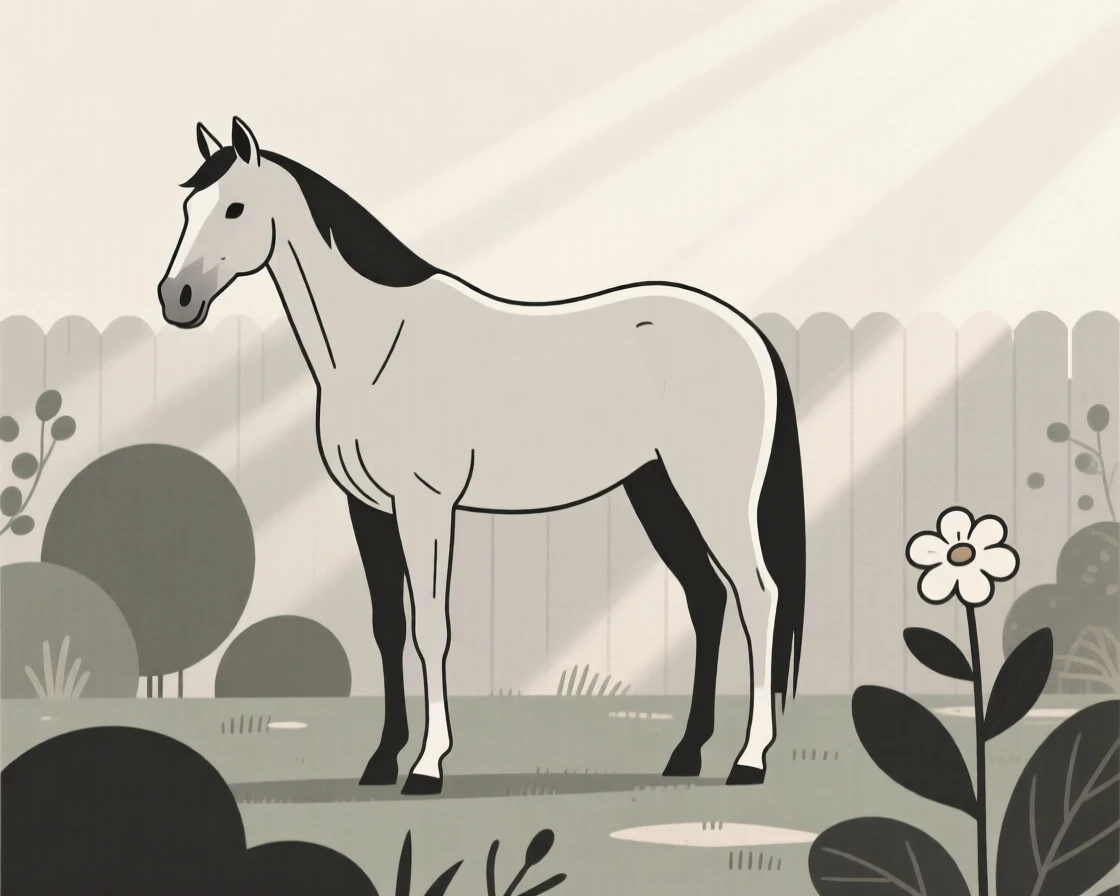 A curious wild horse pausing in a quiet backyard garden, with soft morning light in the background, radiating calm contentment.