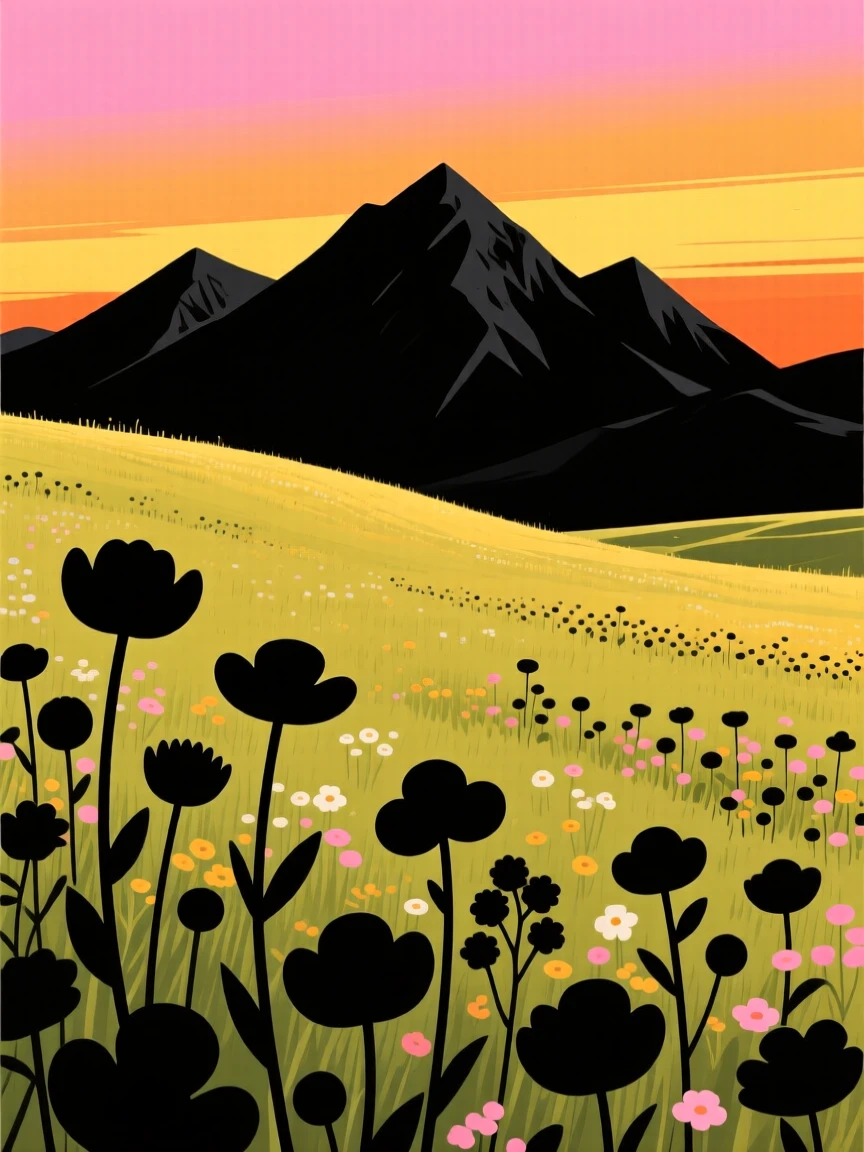 A meadow bursting with wildflowers beneath a mountain backdrop.