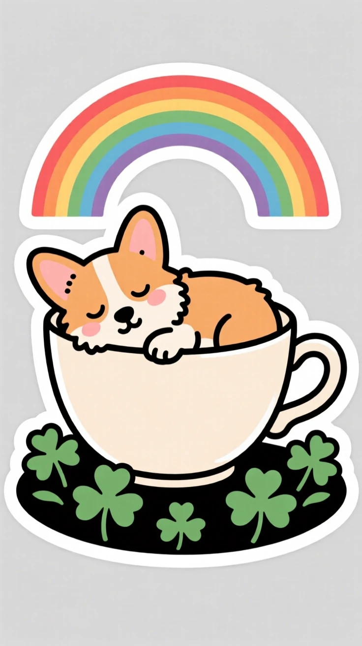 A mischievous fluffy corgi puppy napping inside a teacup, on a bed of clover under a rainbow.