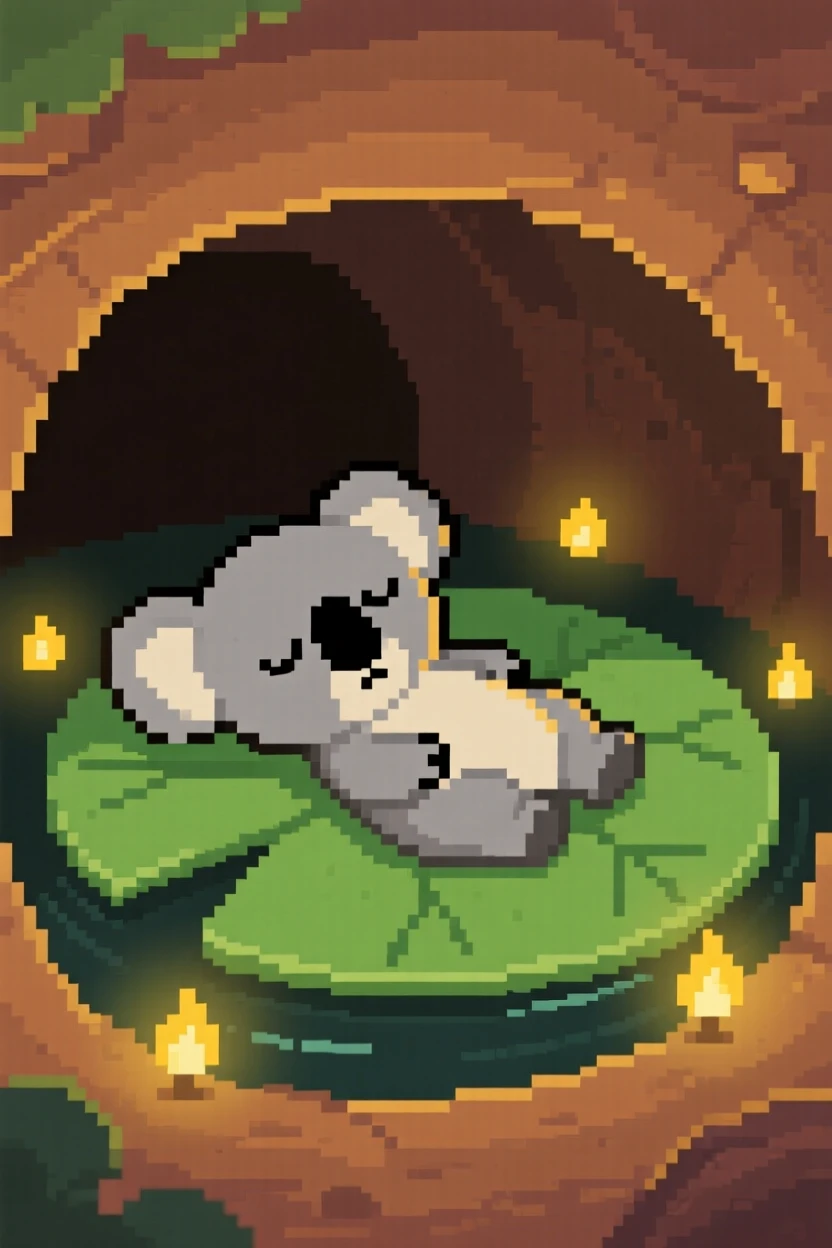 A sleepy koala floating on a lily pad, inside a cozy burrow lit by fireflies.