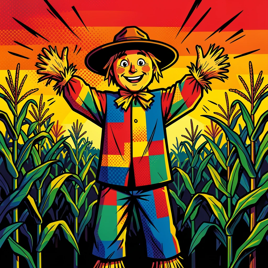 A scarecrow standing guard over a field of late-day corn