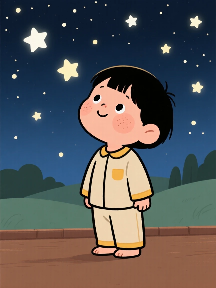 A young child looks up in quiet wonder at a sky full of stars, a soft smile spreading across their face as a feeling of gratitude settles over the scene.