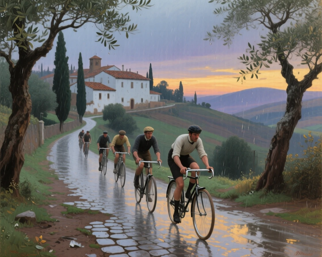 A well-framed scene of a group of cyclists pedaling along a tree-lined countryside lane, in a Spanish hill town, at twilight, during a light rain.