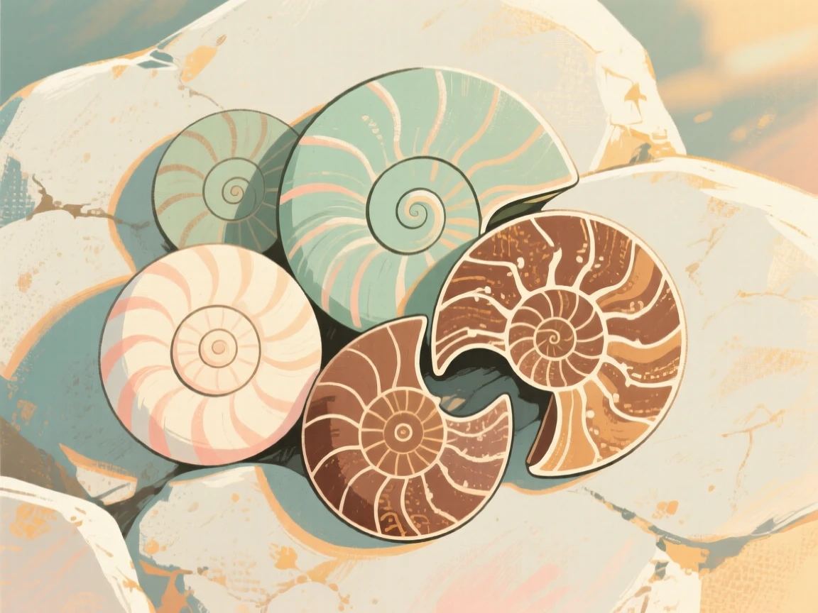 A cluster of fossilized ammonites embedded in pale stone