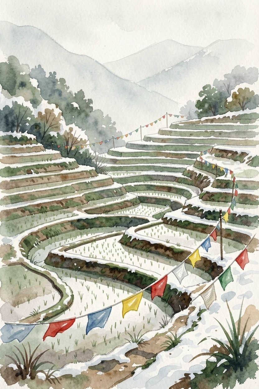 Terraced rice paddies cascading down a hillside during the first snow with colorful flags fluttering in the breeze.