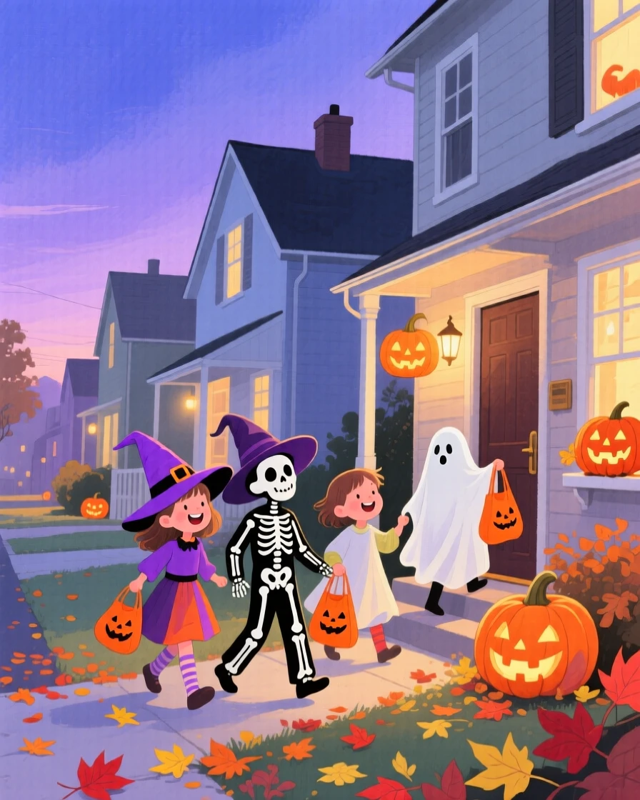 A joyful scene of a Halloween trick-or-treat evening, with lanterns glowing softly at dusk, capturing the warmth of the celebration