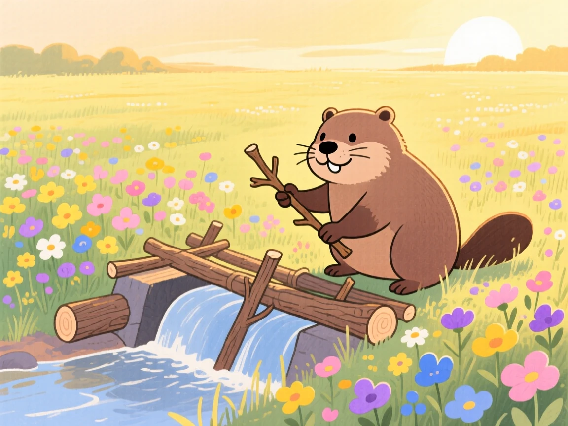 A beaver building a dam exploring a wildflower field at the golden hour.