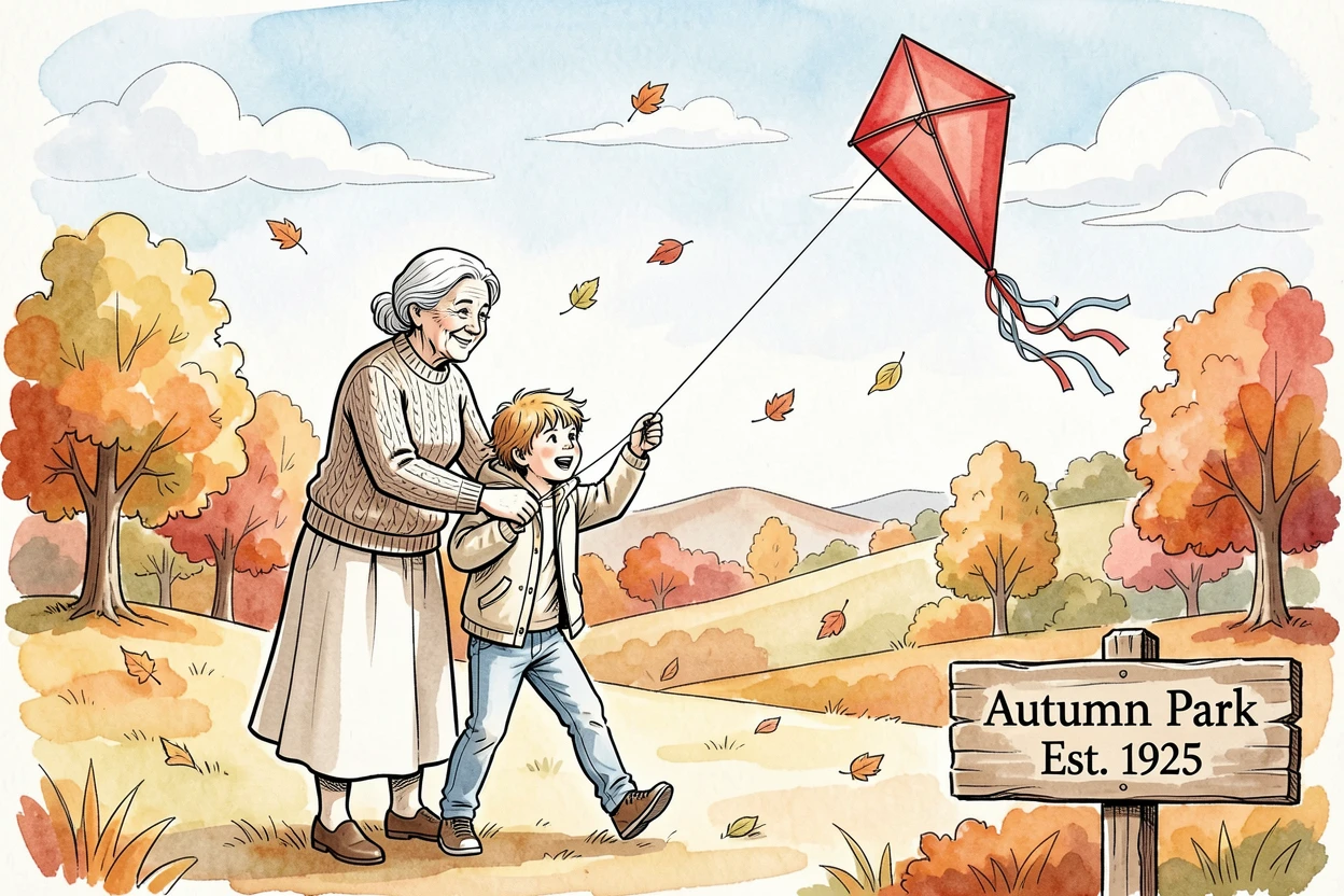 A grandmother and grandchild flying a kite together on a breezy autumn afternoon