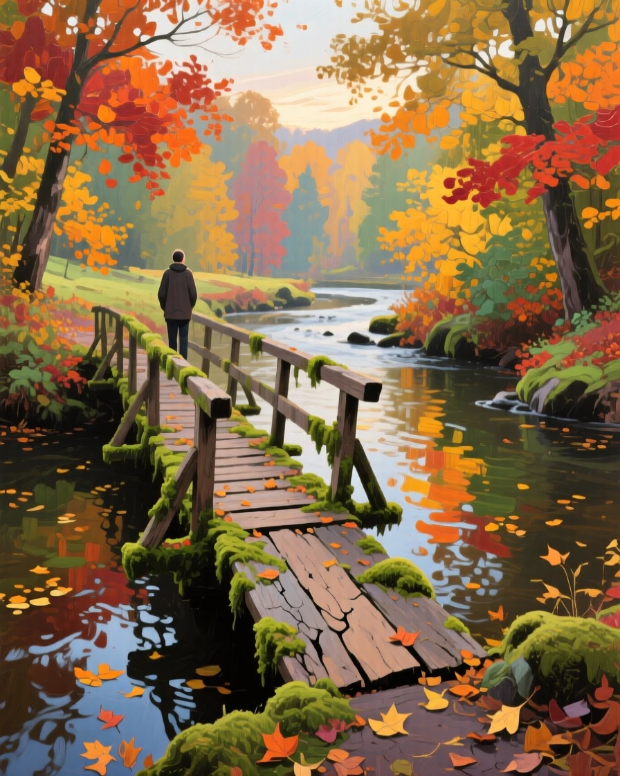 an old footbridge crossing a mossy stream, during the first days of autumn, from an inviting eye-level viewpoint.