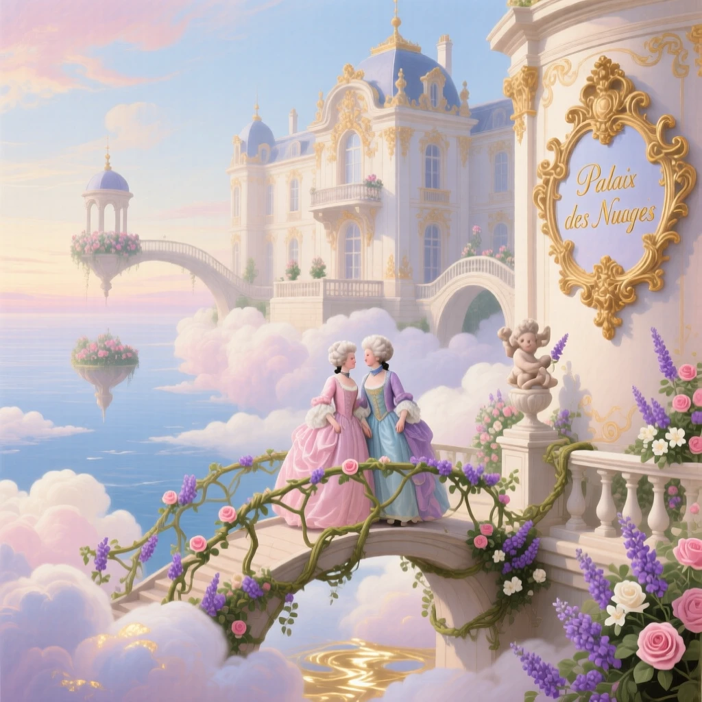 A palace floating among soft clouds, linked by bridges of flowering vines  