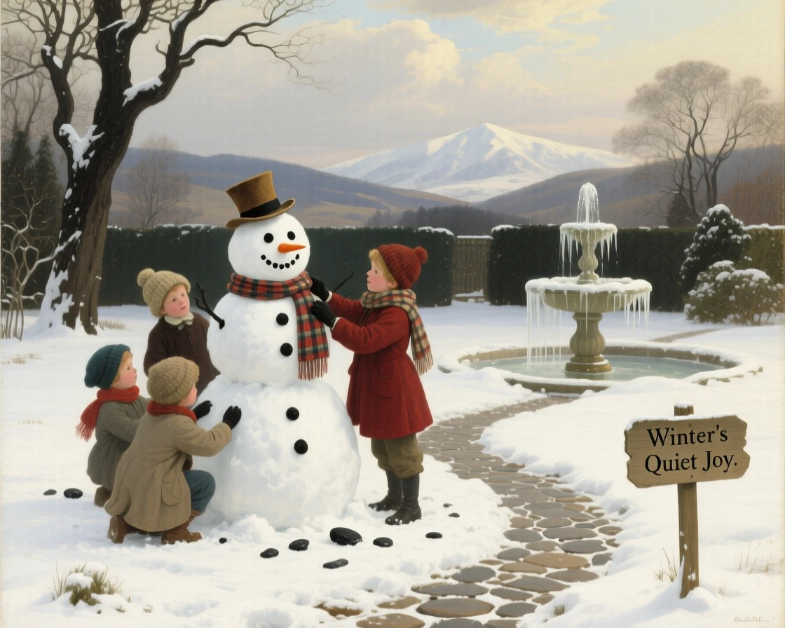 Children build a snowman together in a quiet winter garden.