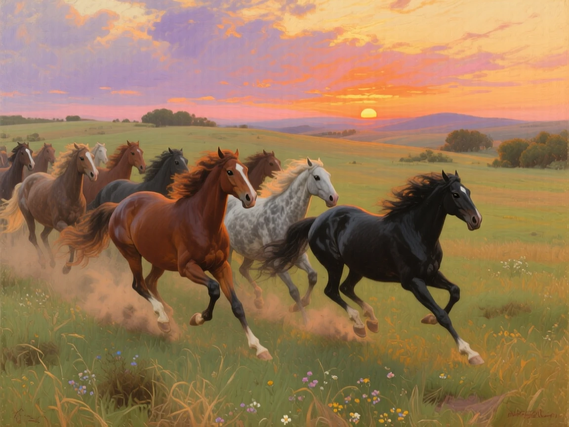 A herd of wild horses galloping across an open grassland at sunset, its expression conveying an almost human sense of awareness, designed to feel both intimate and awe-inspiring