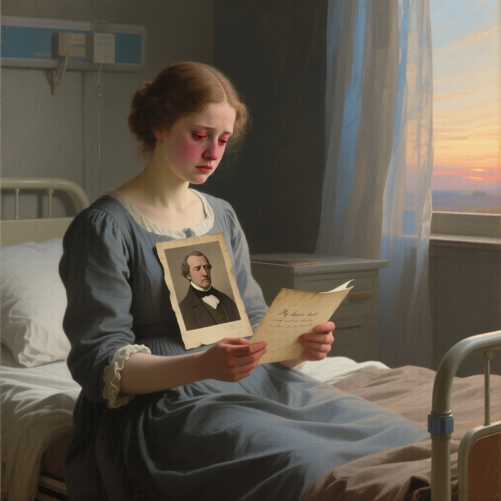 A daughter reading a final letter from her departed father in a gesture that speaks louder than words, set in a dimly lit hospital ward at the edge of dawn, with a faded photograph clutched tightly to a chest; the composition uses negative space to emphasize the distance just closed, capturing love that has endured distance and time.