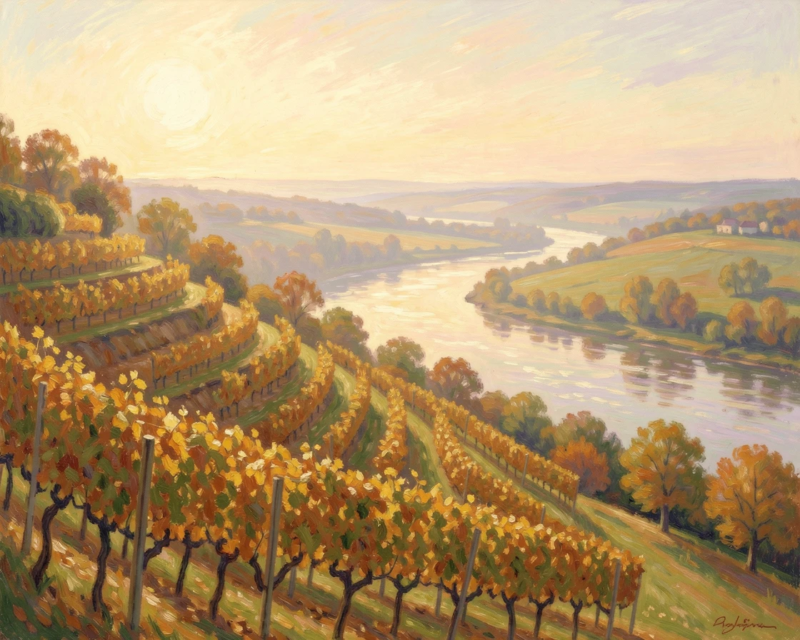 A terraced hillside vineyard overlooking a wide river valley in early autumn light.
