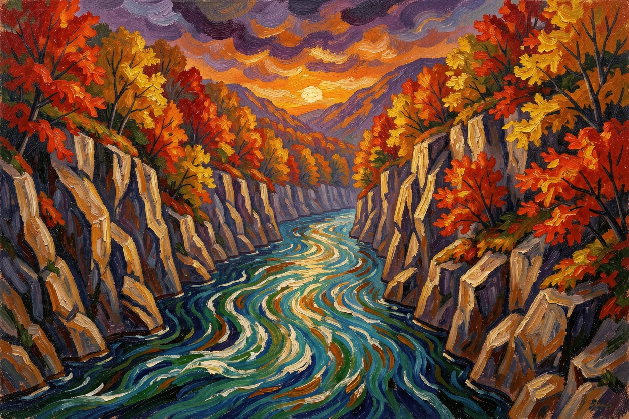 A river winding through a deep gorge, autumn foliage blazing on both banks.