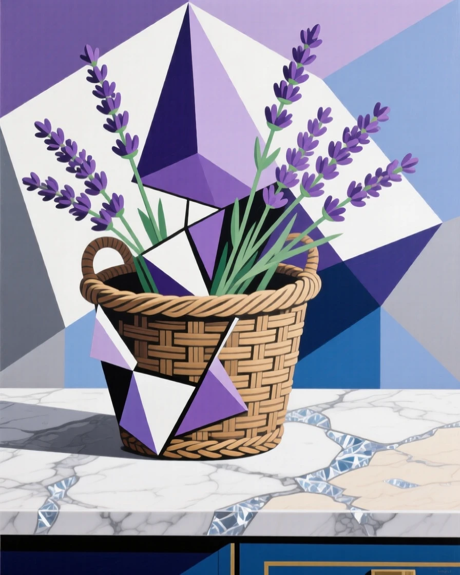 An elegant still life featuring a woven basket of lavender on a marble countertop with soft shadows.