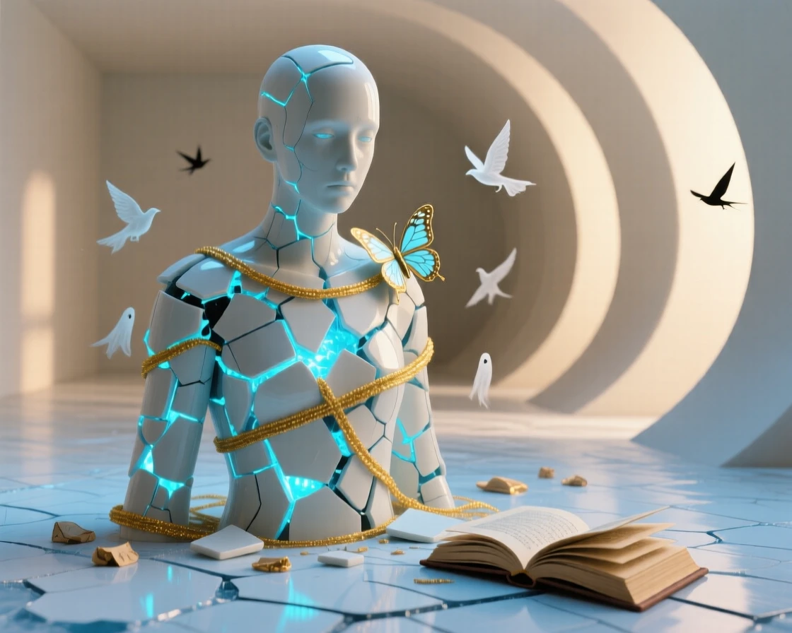 A figure made of cracked porcelain held together by golden thread stands quietly at the center of an empty, soft-lit room, as small details reveal themselves only on close look.