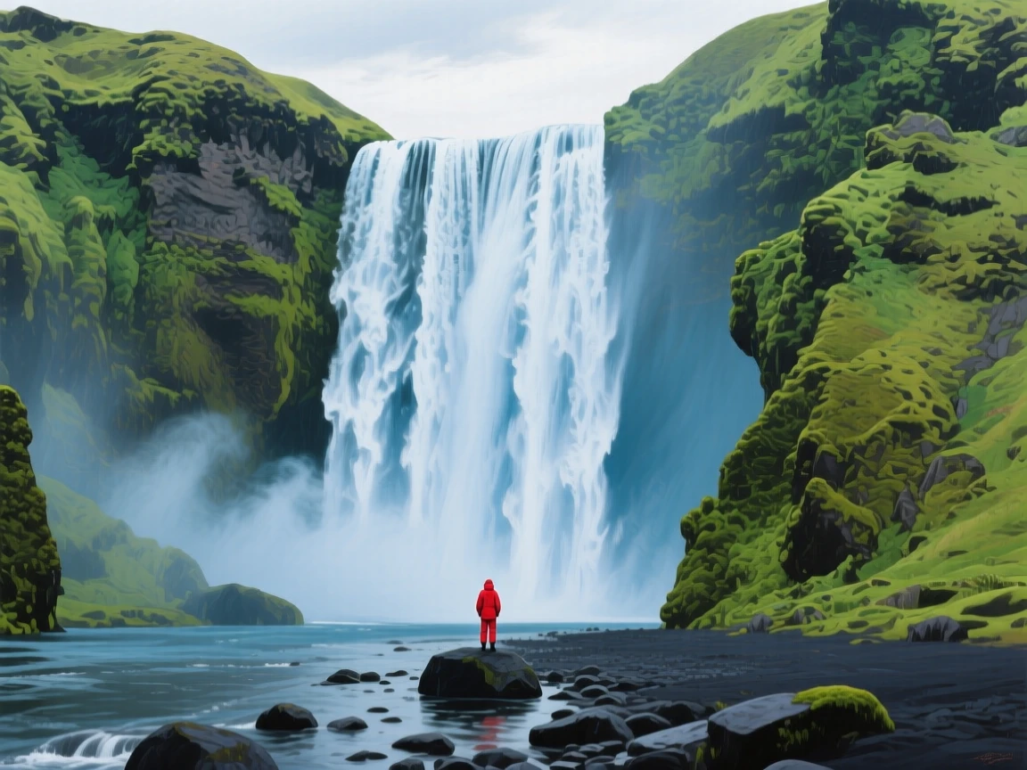 Skogafoss waterfall drops in a single powerful sheet in southern Iceland, a tiny figure standing at its base for scale, moss-covered cliffs framing the cascade, the air carrying a faint mist that softens distant shapes without obscuring the overall view.
