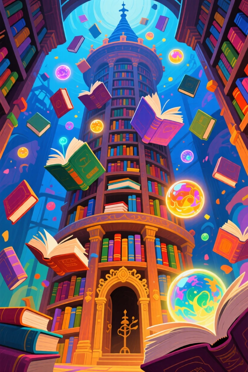 A hidden library tower filled with floating books and glowing orbs of magical knowledge