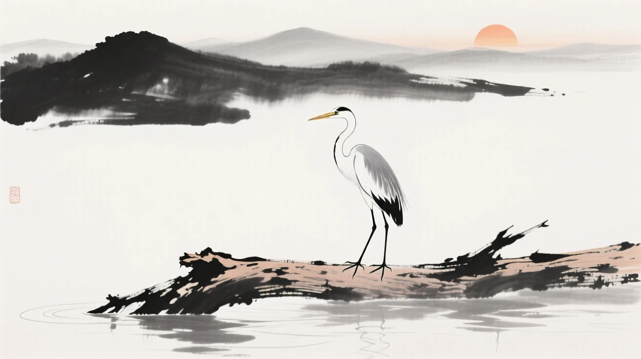 An egret perches motionless on a half-submerged log, as the sun rises over distant hills.